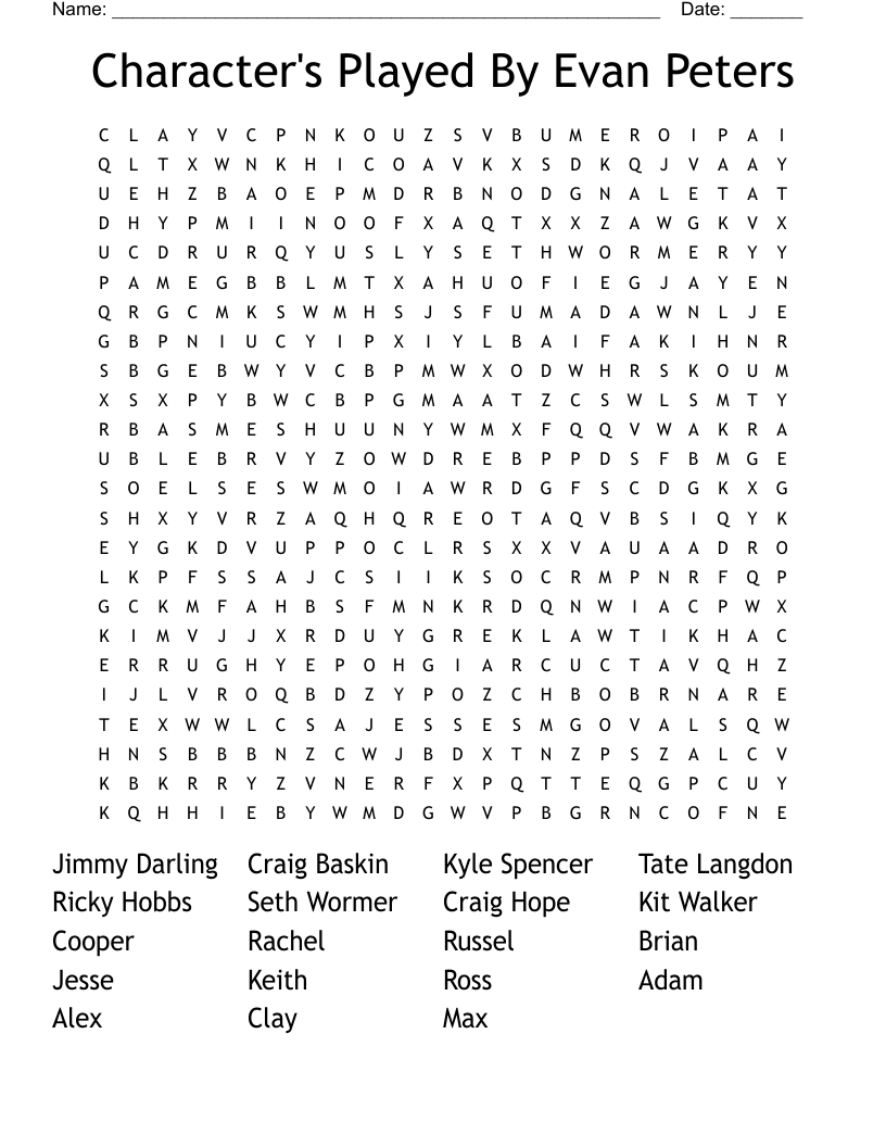 Character's Played By Evan Peters Word Search