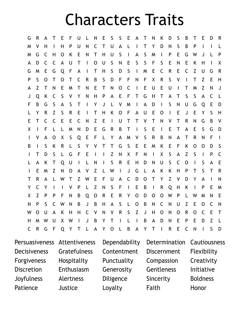 Characters Traits Word Search
