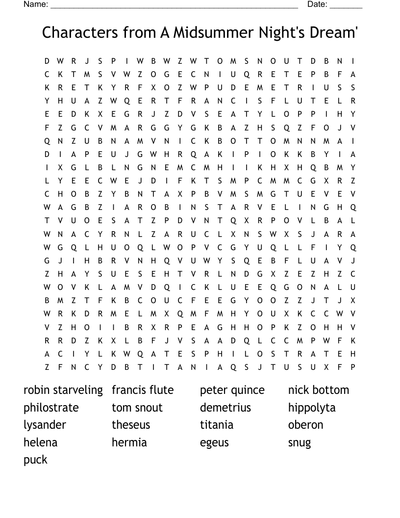 Characters from A Midsummer Night's Dream' Word Search