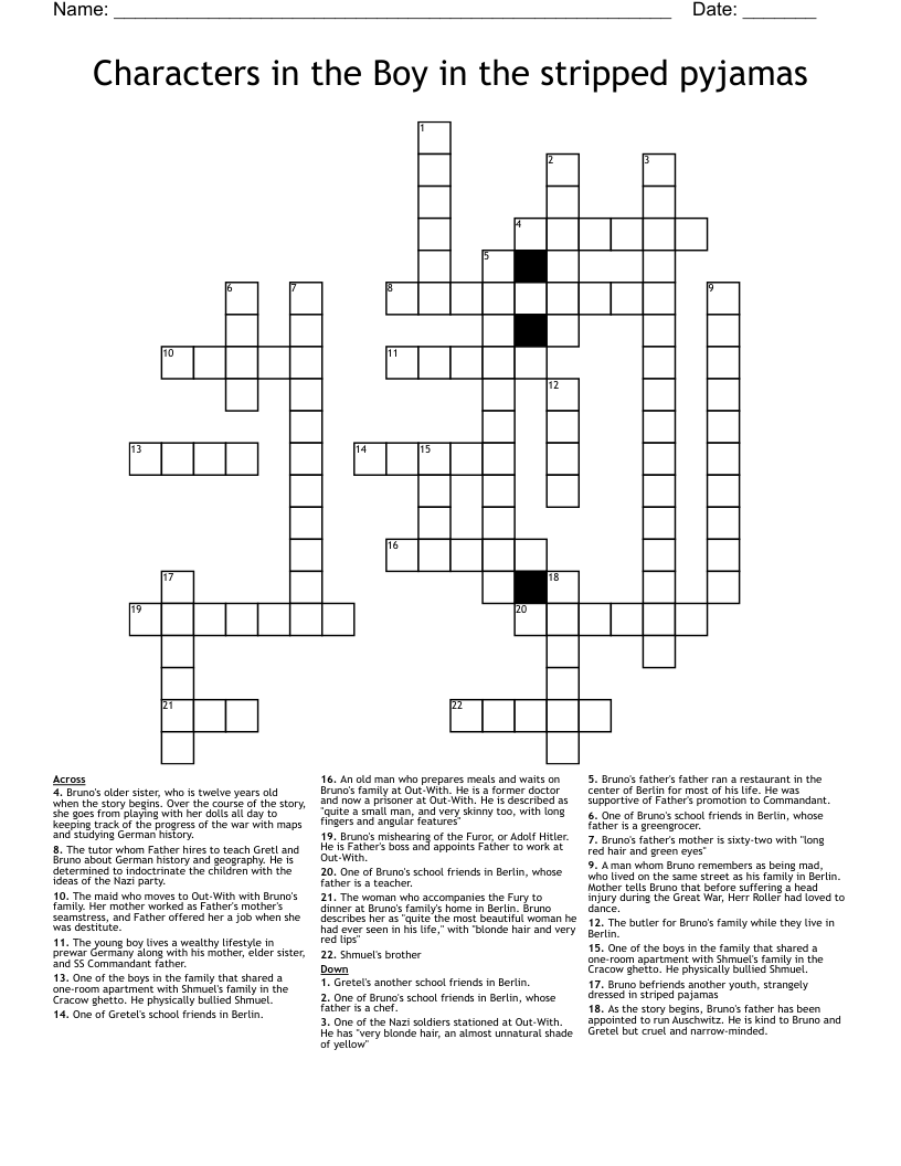 Characters in the Boy in the stripped pyjamas Crossword