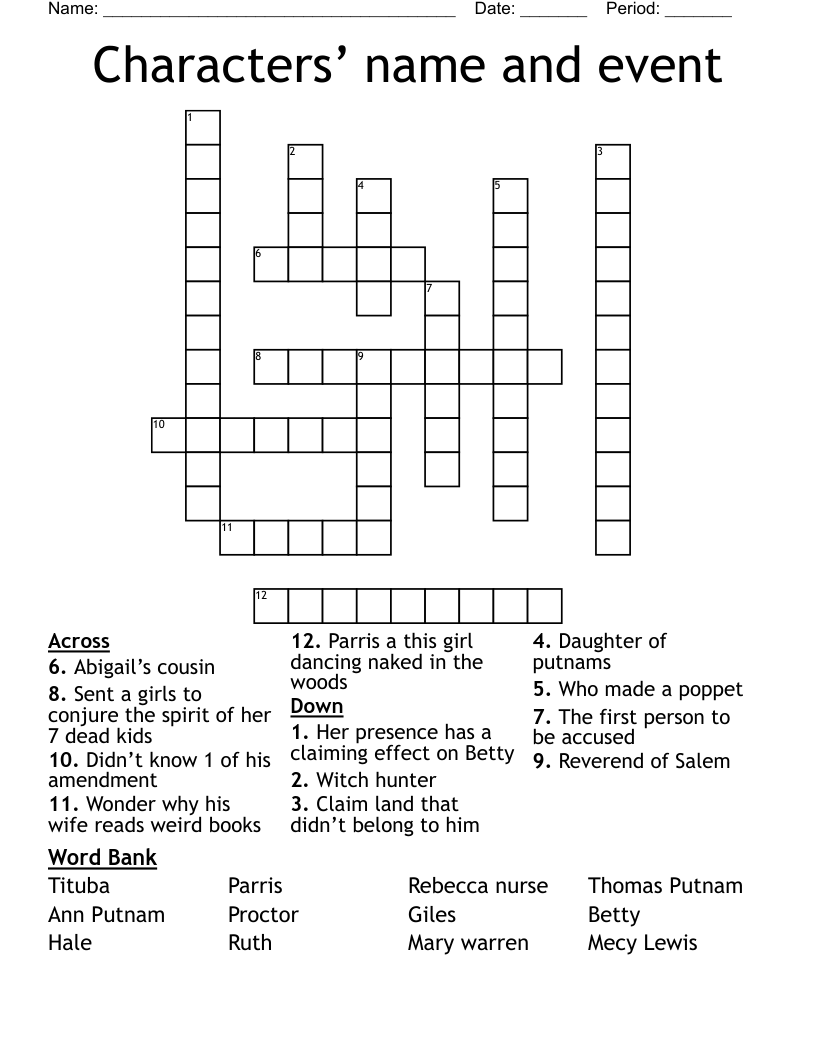 Characters’ name and event  Crossword