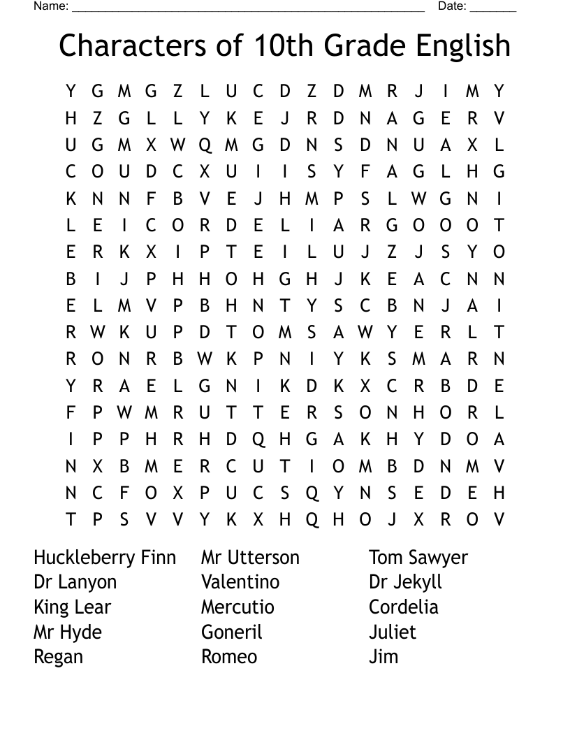 Characters of 10th Grade English Word Search