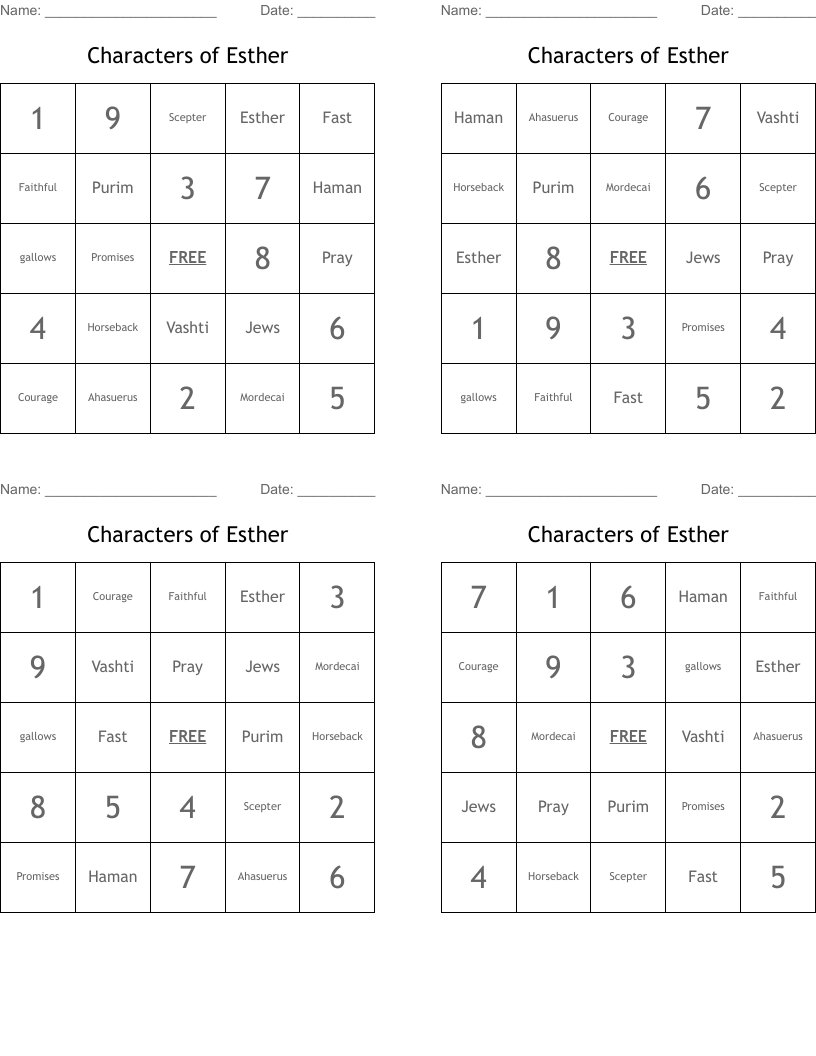 Characters of Esther Bingo Cards