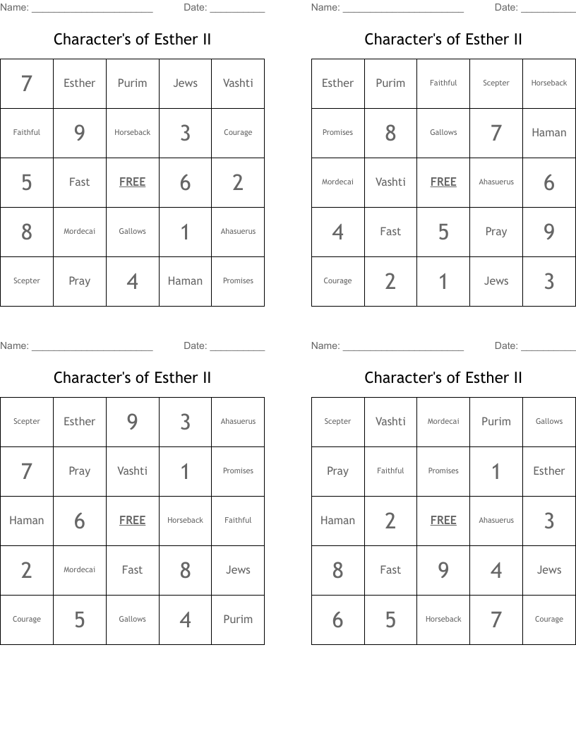 Character's of Esther II Bingo Cards