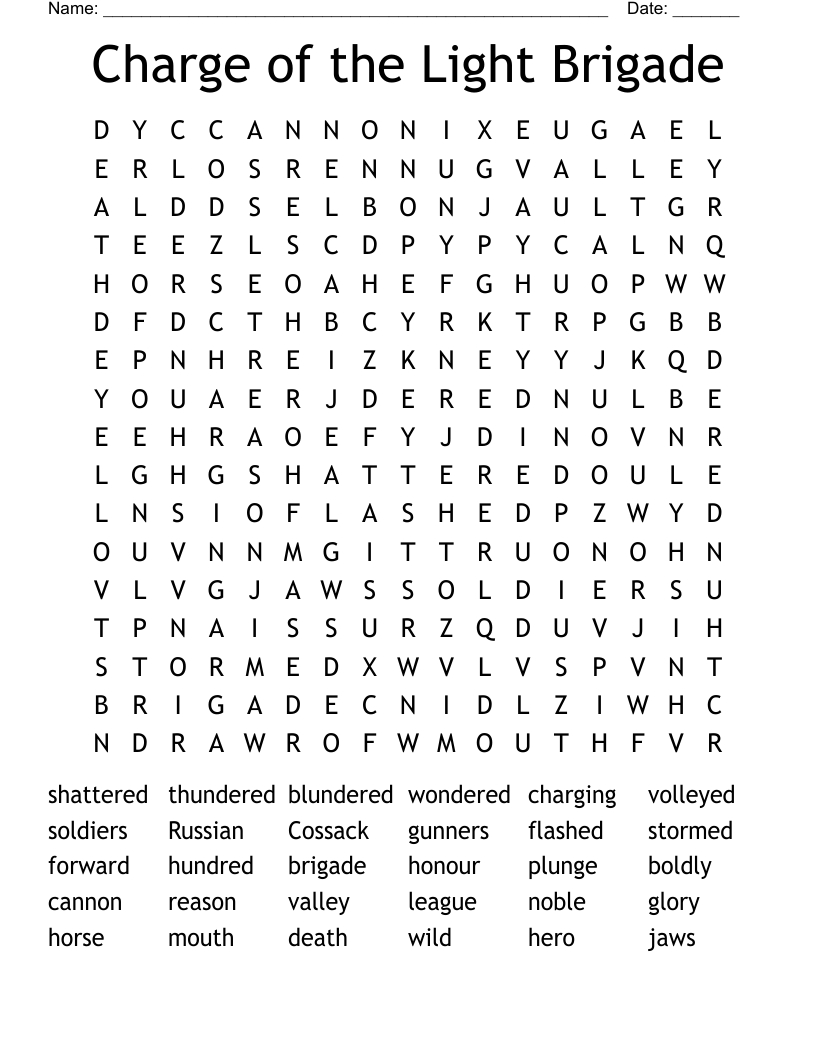 Charge of the Light Brigade Word Search