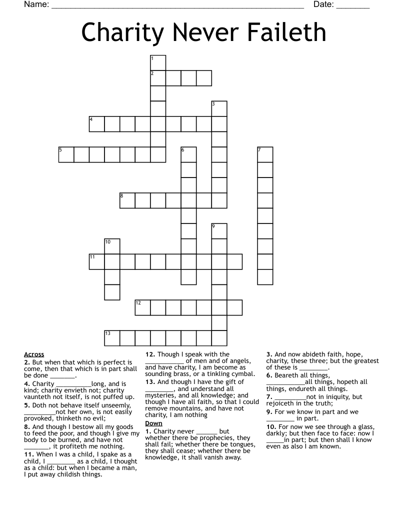 Charity Never Faileth Crossword