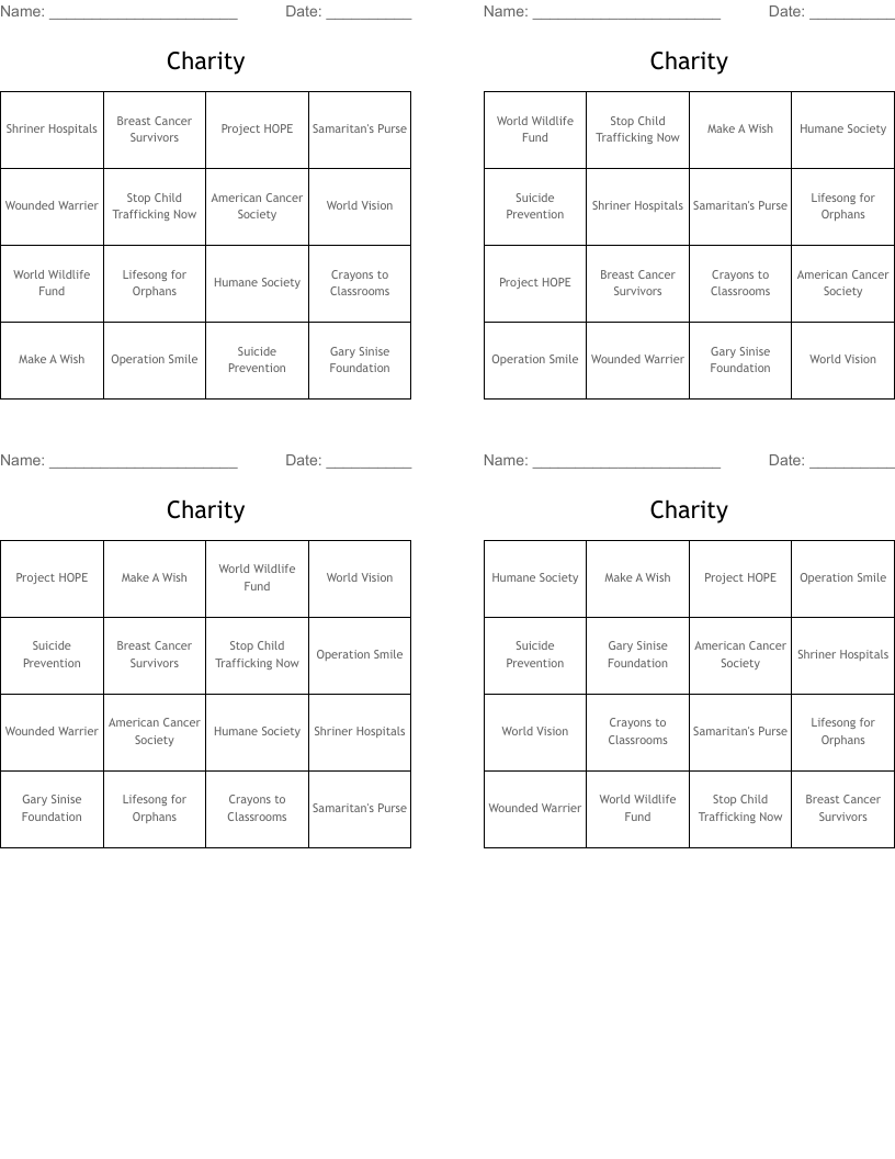Charity  Bingo Cards