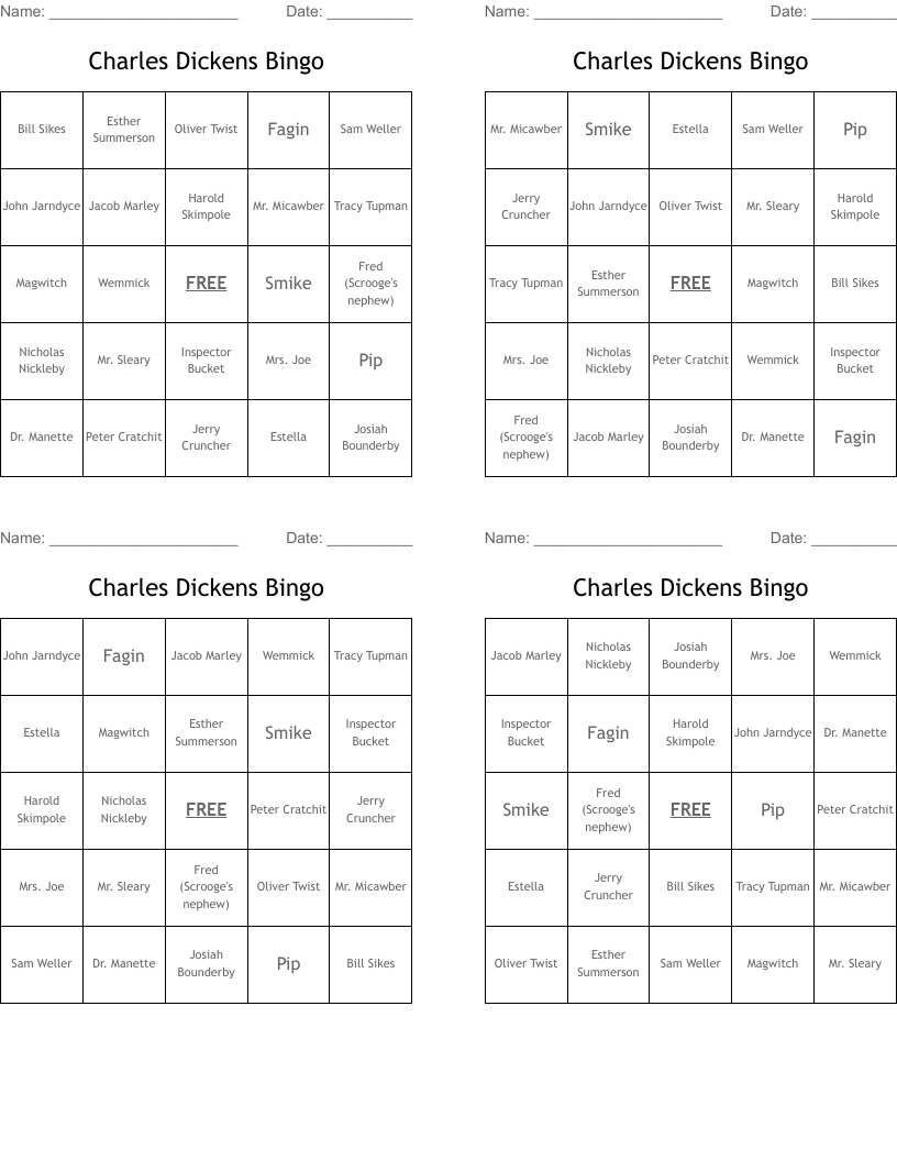 Charles Dickens Bingo
