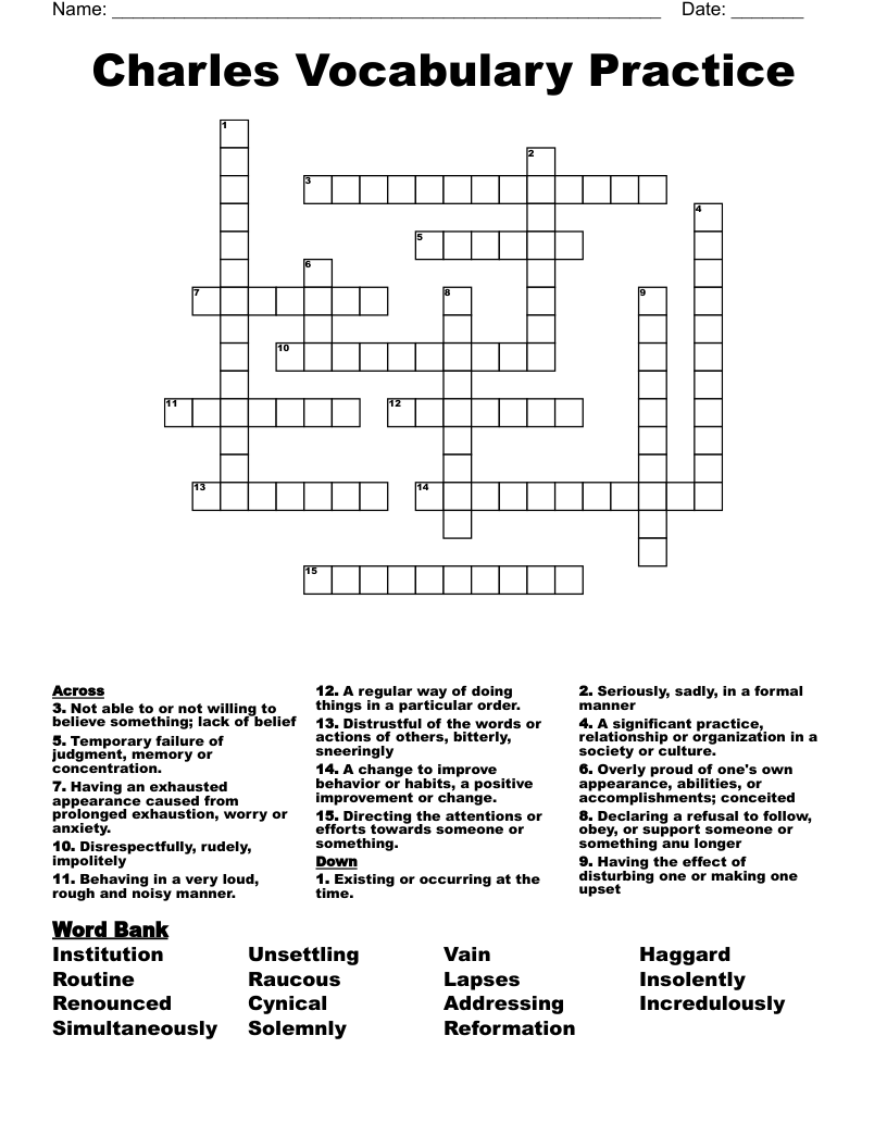 Charles Vocabulary Practice Crossword
