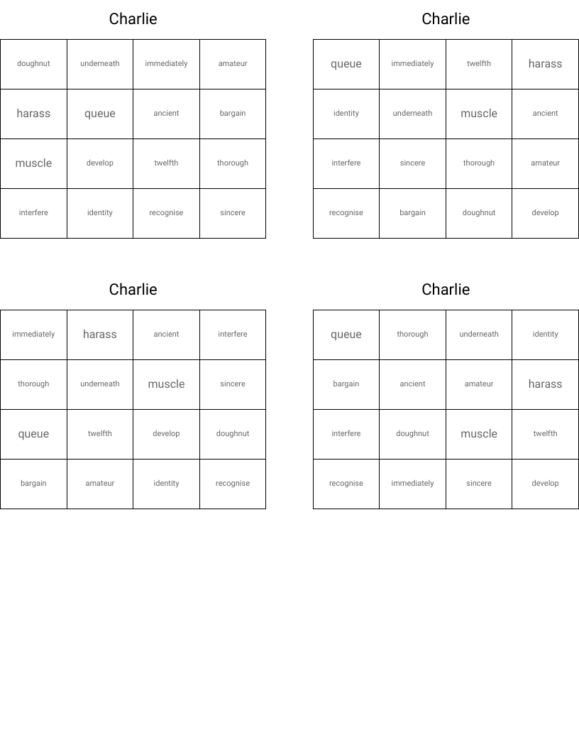 Charlie  Bingo Cards