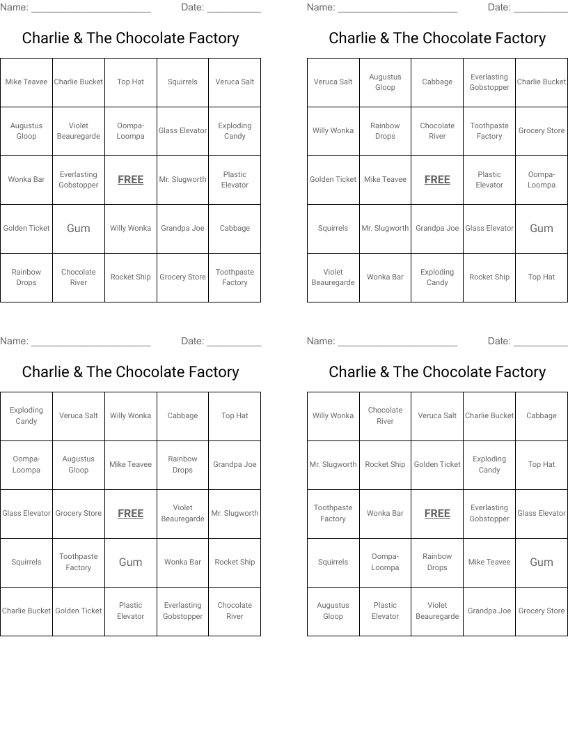Charlie & The Chocolate Factory Bingo Cards