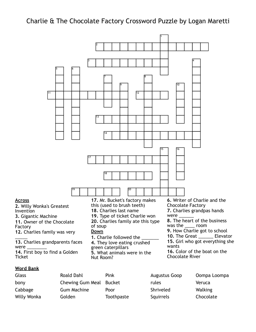 Charlie & The Chocolate Factory Crossword Puzzle by Logan Maretti
