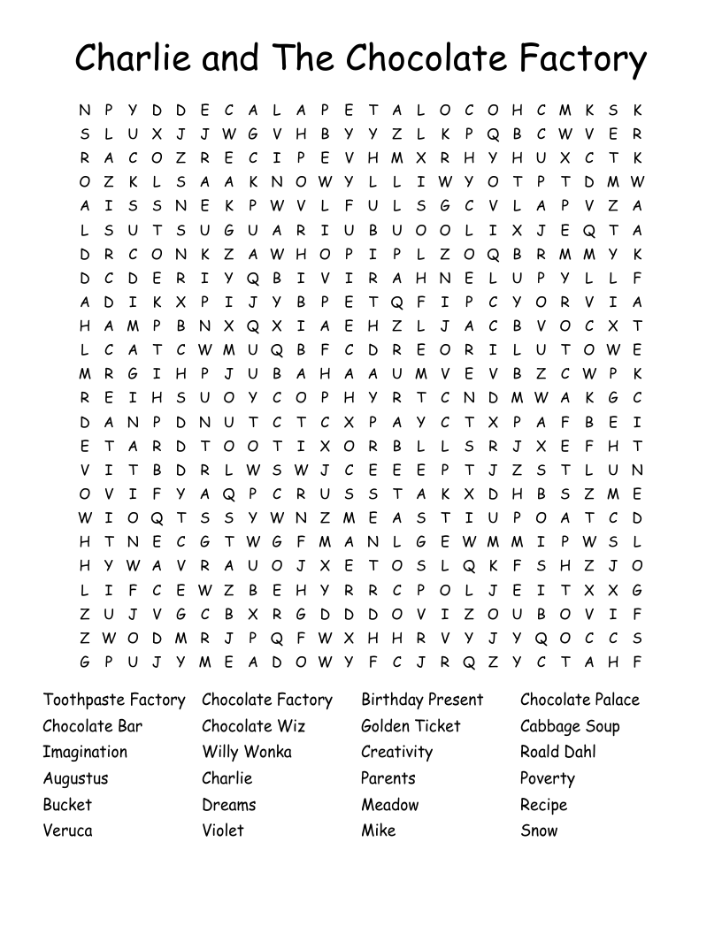 Charlie and The Chocolate Factory Word Search