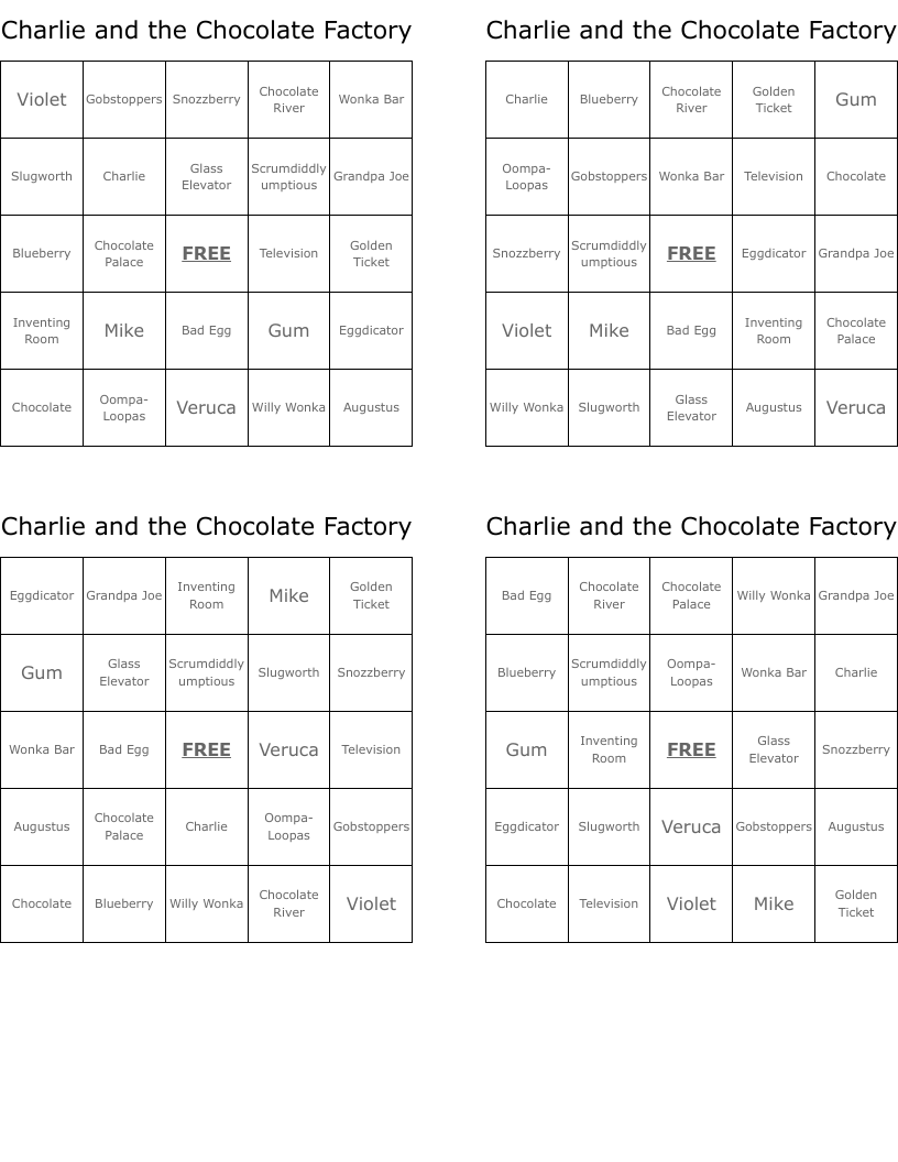 Charlie and the Chocolate Factory Bingo Cards