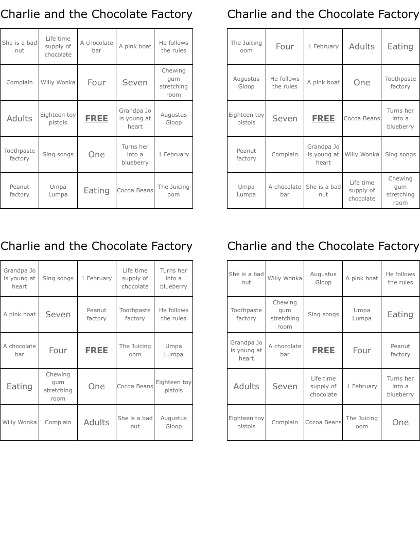 Charlie and the Chocolate Factory Bingo Cards