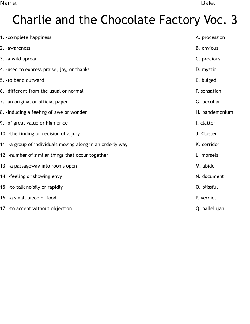 Charlie and the Chocolate Factory Voc. 3 Worksheet