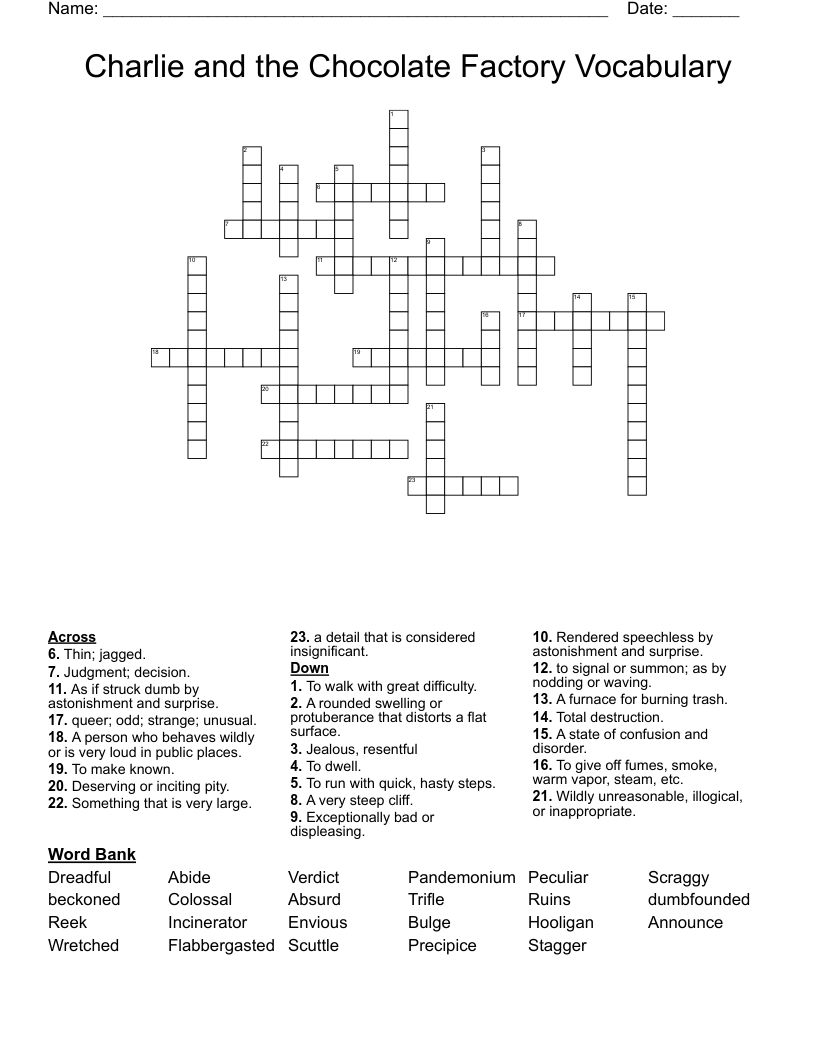 Charlie and the Chocolate Factory Vocabulary Crossword