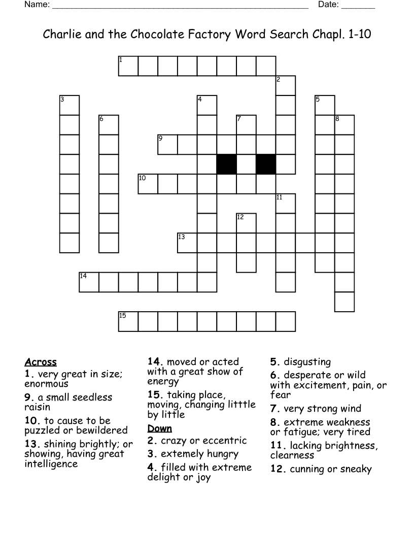 Charlie and the Chocolate Factory Word Search Chapl. 1-10 Crossword