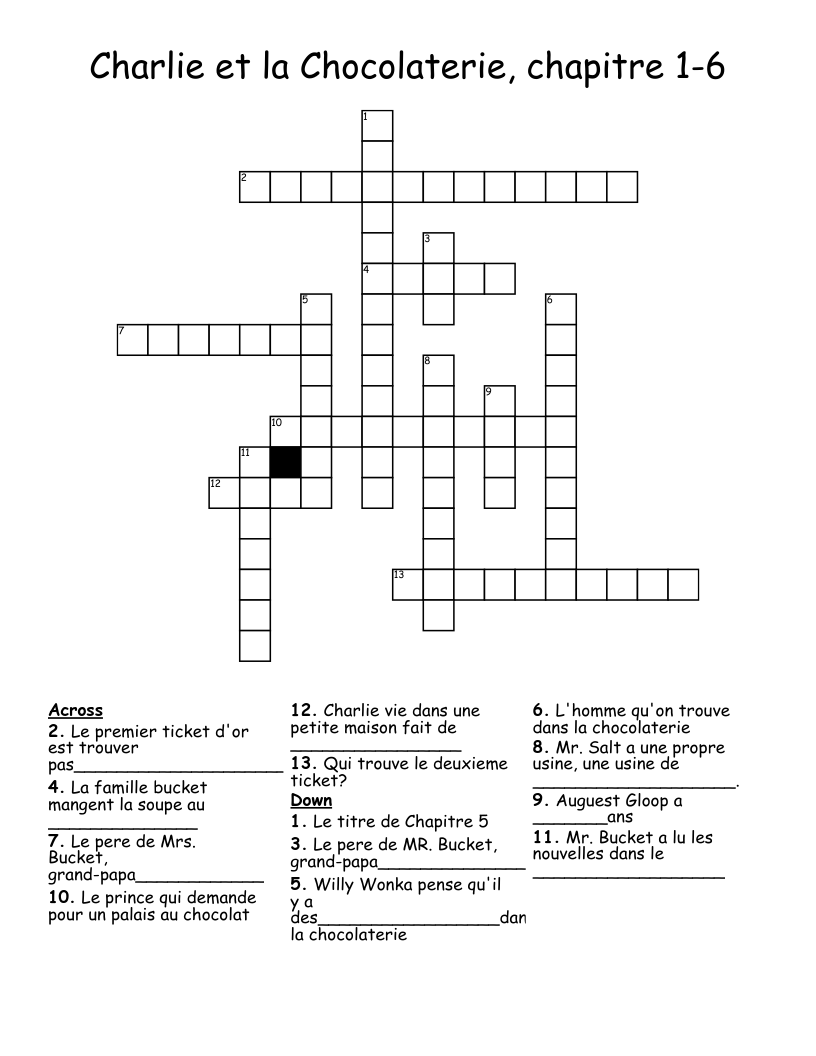 Charlie et la Chocolaterie,  chapitre 1-6 Crossword