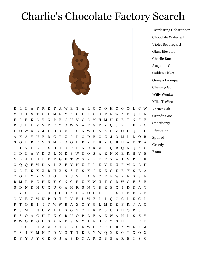 Charlie's Chocolate Factory Search Word Search