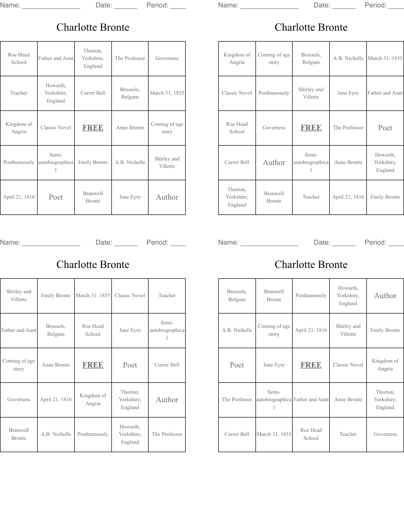 Charlotte Bronte Bingo Cards