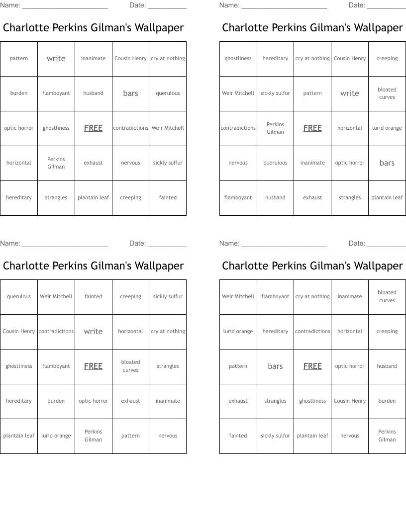 Charlotte Perkins Gilman's Wallpaper Bingo Cards