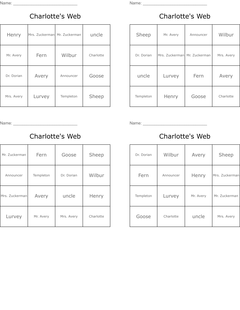 Charlotte's Web Bingo Cards