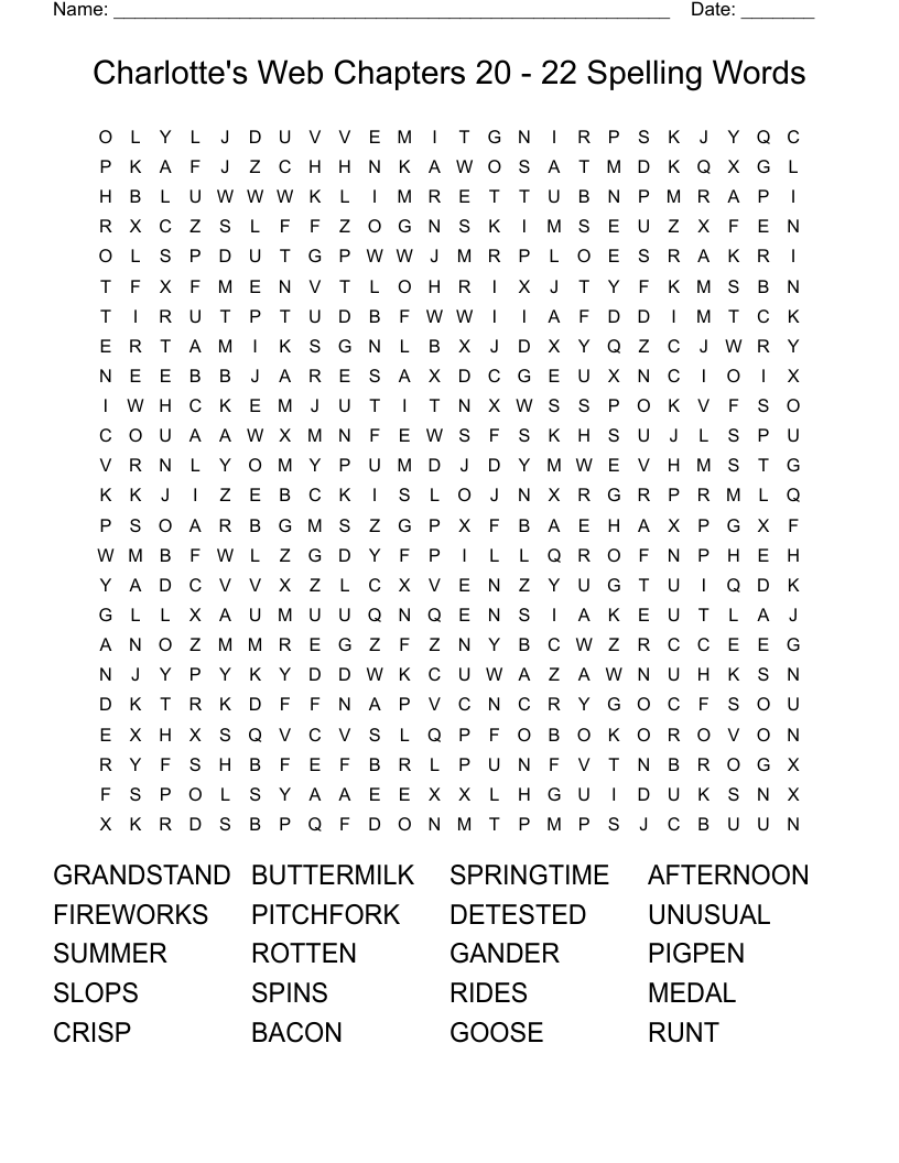 Charlotte's Web Chapters 20 - 22 Spelling Words Word Search
