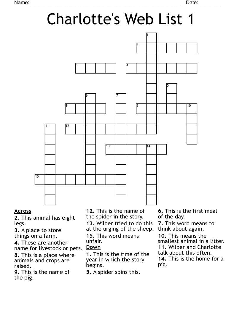 Charlotte's Web List 1 Crossword