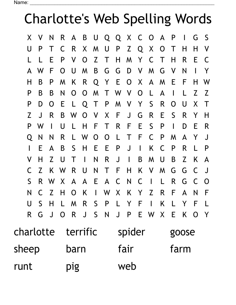 Charlotte's Web Spelling Words Word Search