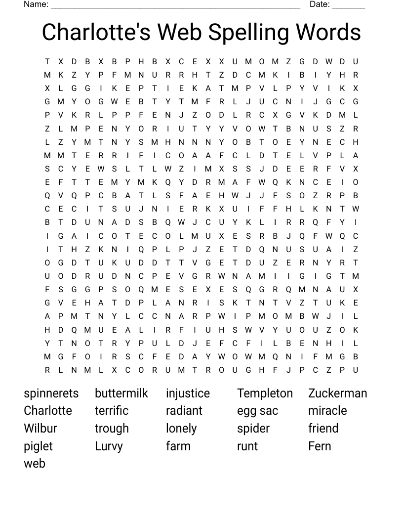 Charlotte's Web Spelling Words Word Search