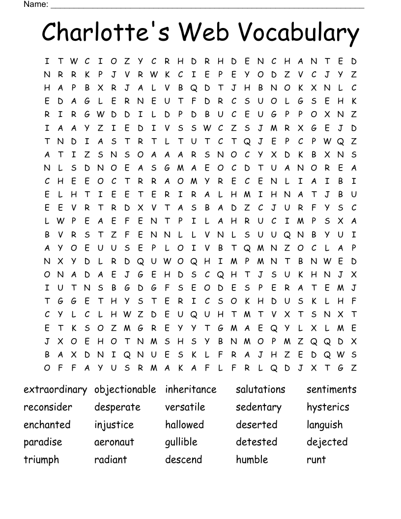 Charlotte's Web Vocabulary Word Search