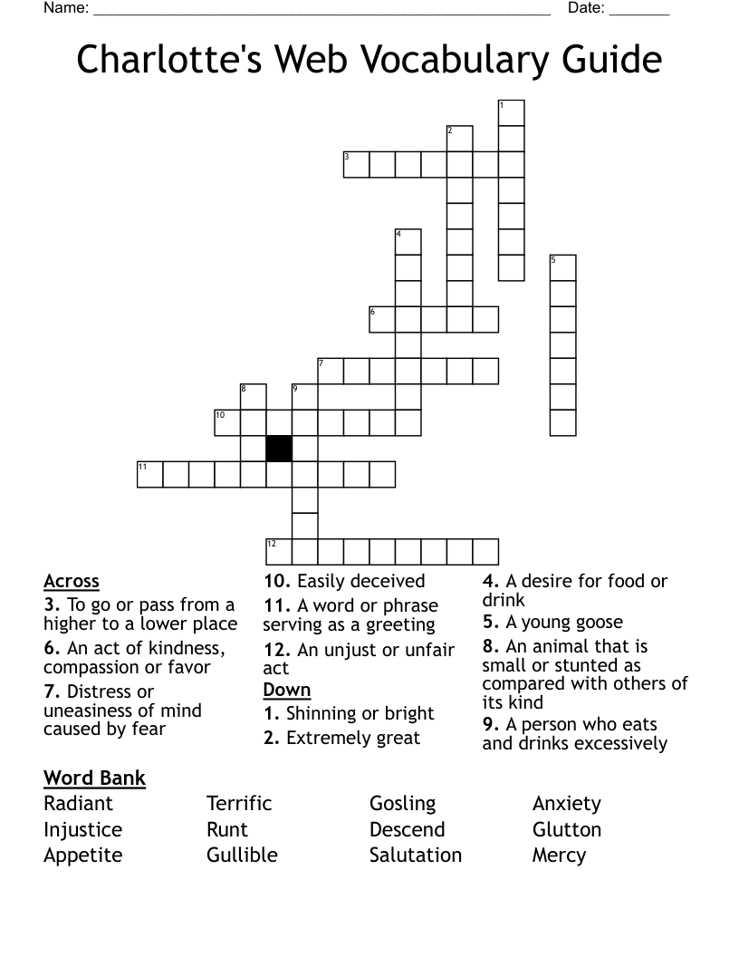 Charlotte's Web Vocabulary Guide Crossword