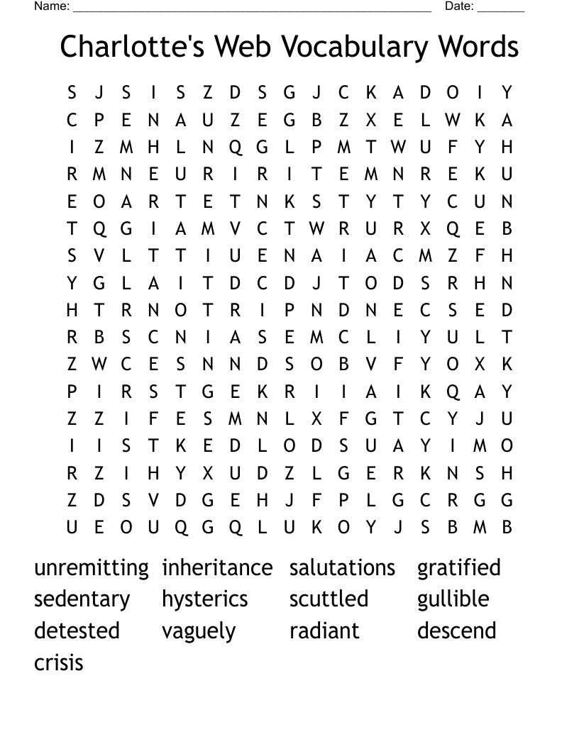 Charlotte's Web Vocabulary Words Word Search