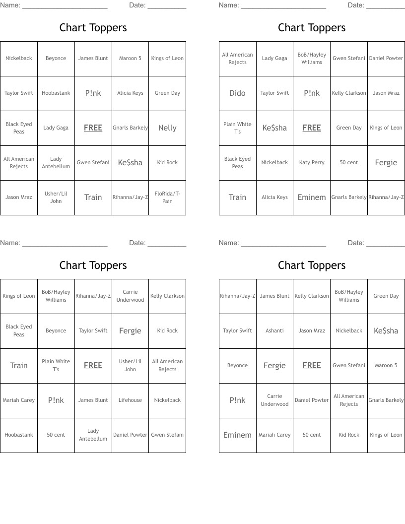 Chart Toppers Bingo Cards