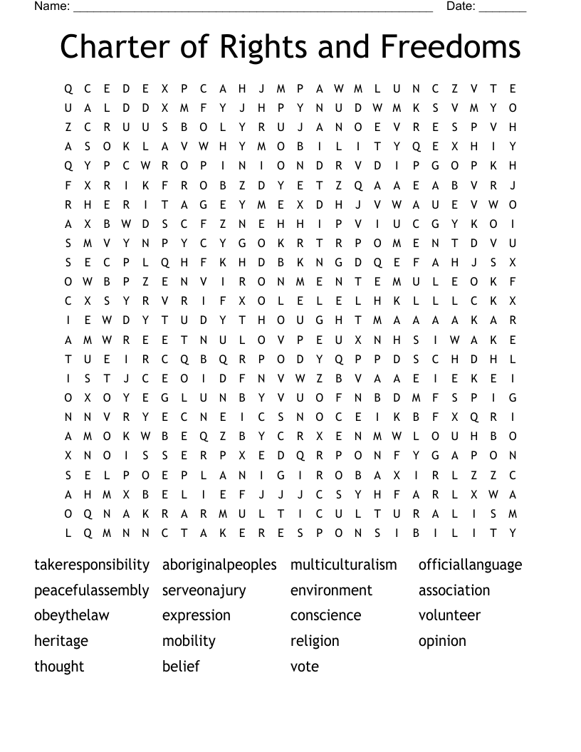 Charter of Rights and Freedoms Word Search