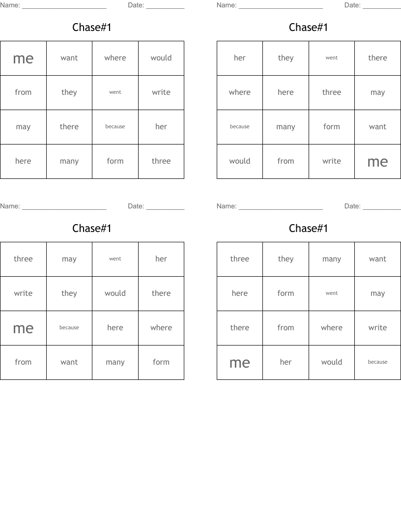 Chase#1 Bingo Cards