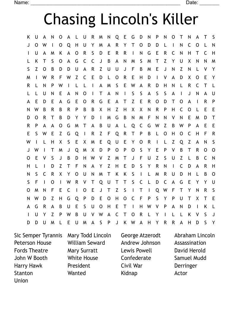 Chasing Lincoln's Killer Word Search