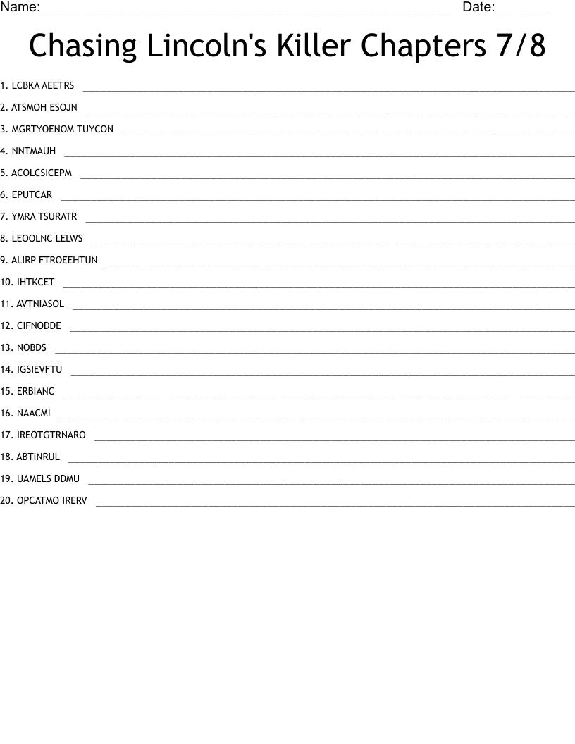 Chasing Lincoln's Killer Chapters 7/8 Word Scramble