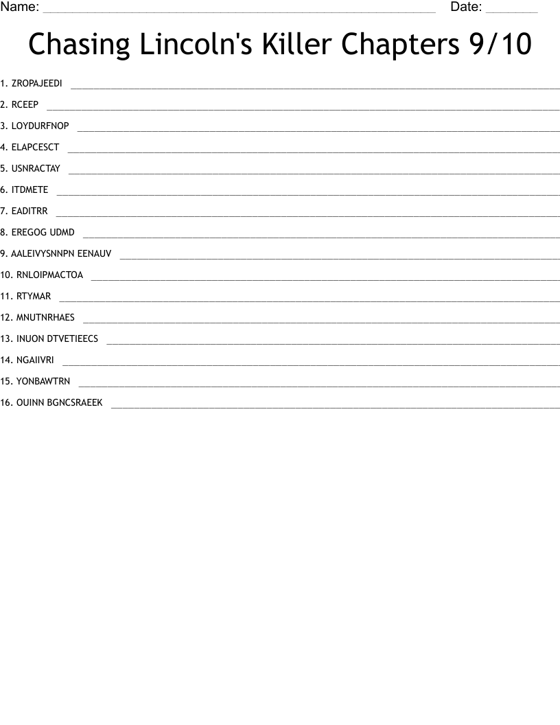 Chasing Lincoln's Killer Chapters 9/10 Word Scramble