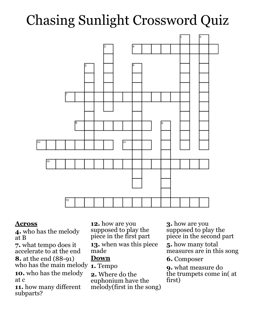 Chasing Sunlight Crossword Quiz