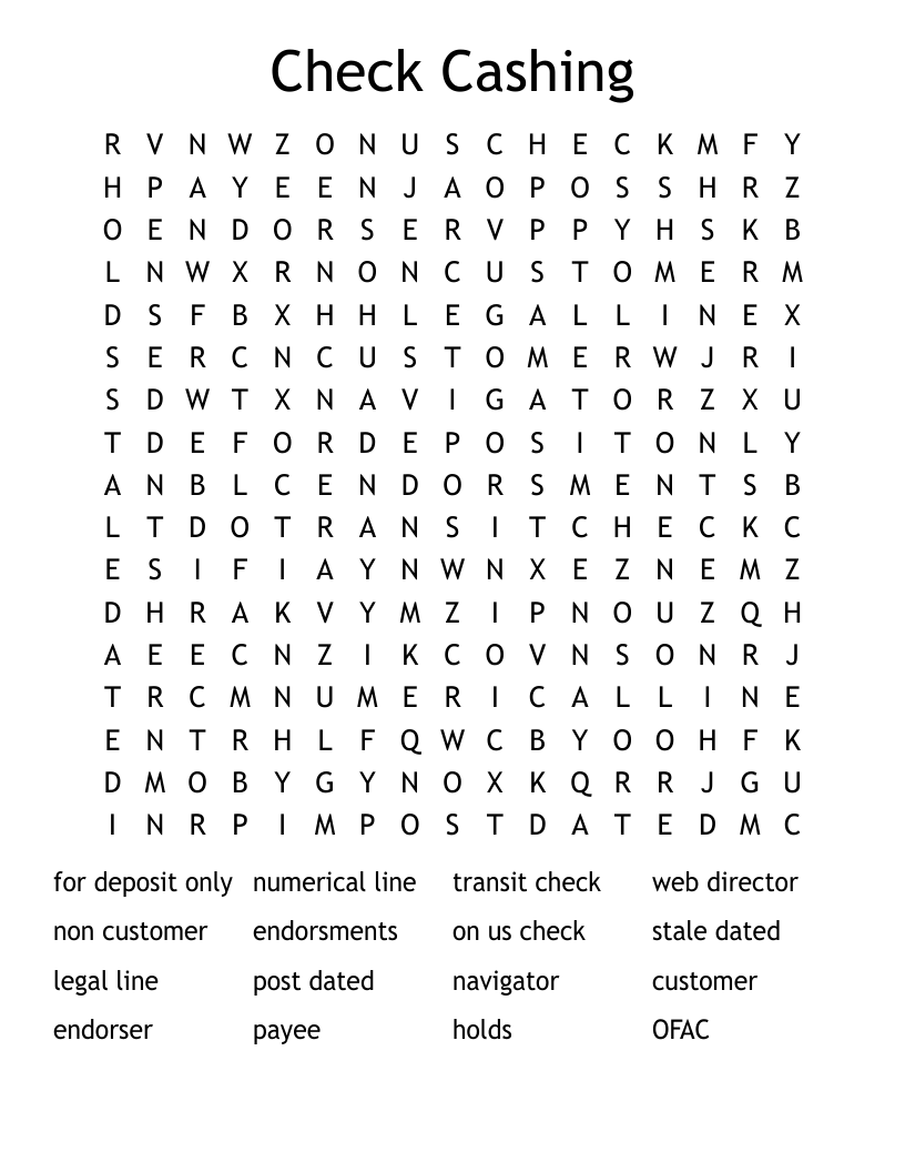 Check Cashing Word Search