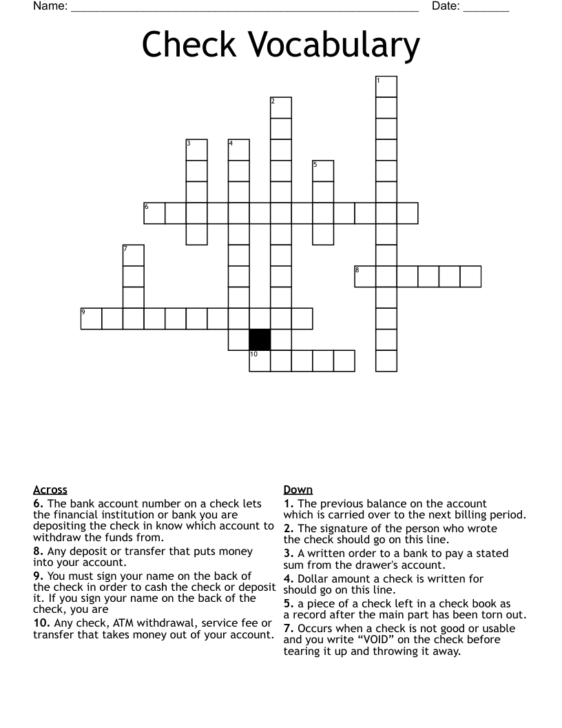 Check Vocabulary Crossword
