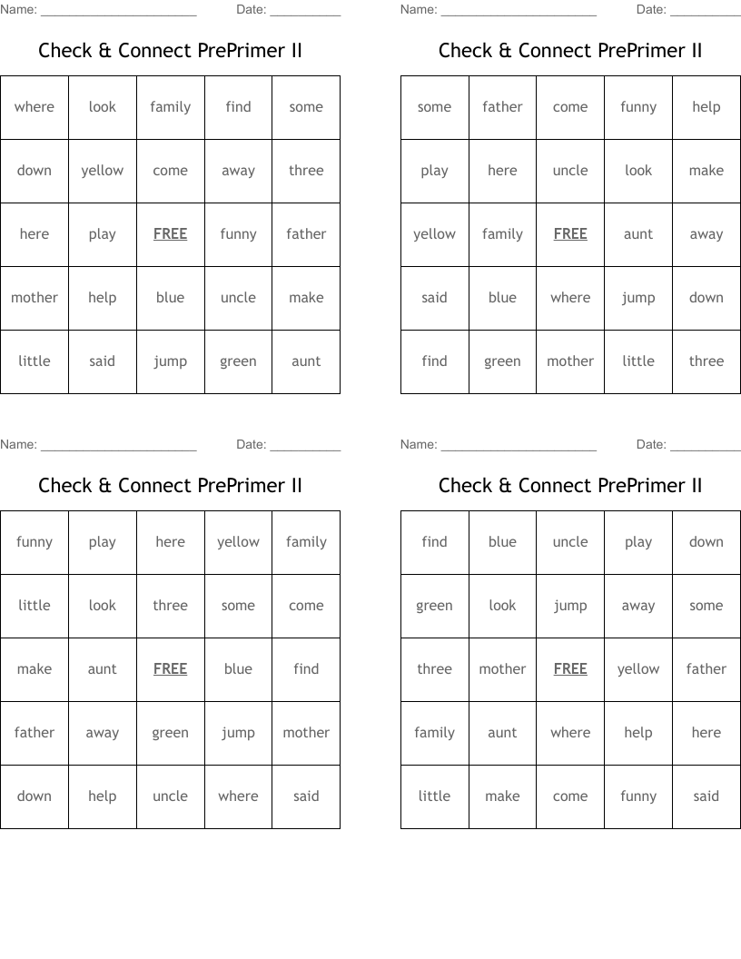 Check & Connect PrePrimer II Bingo Cards