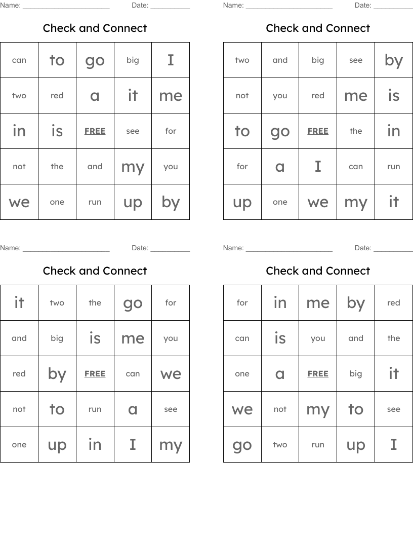 Check and Connect  Bingo Cards