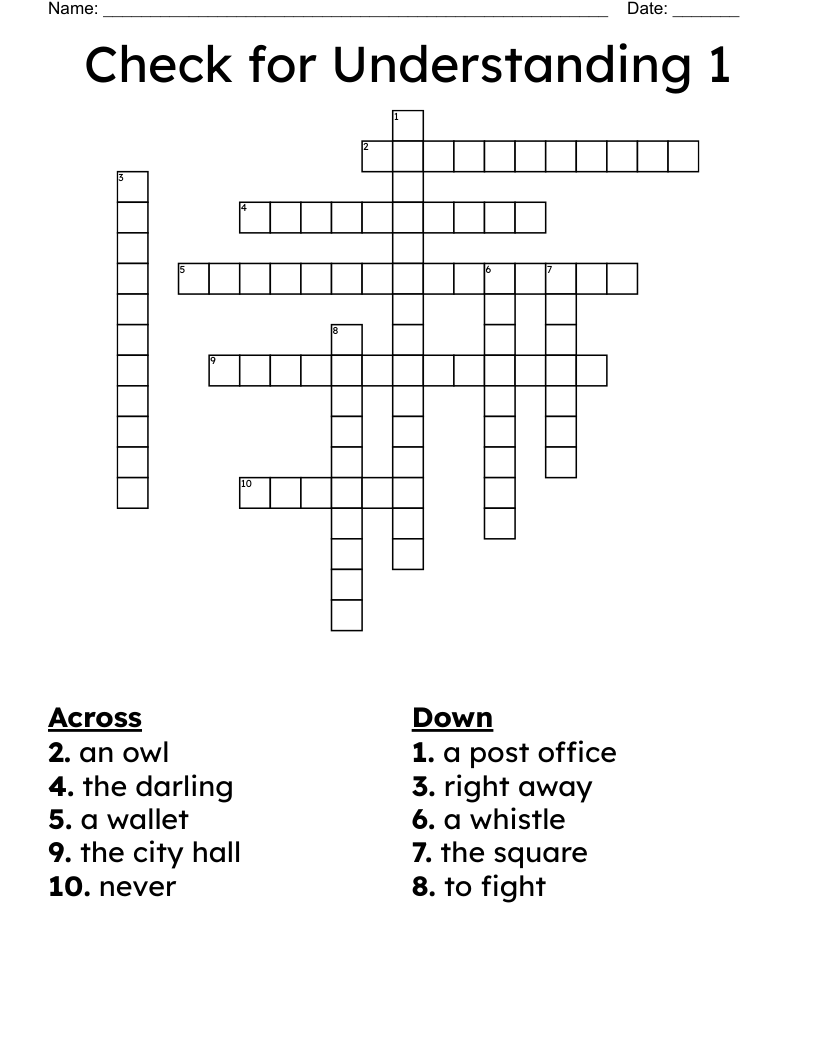 Check for Understanding 1 Crossword