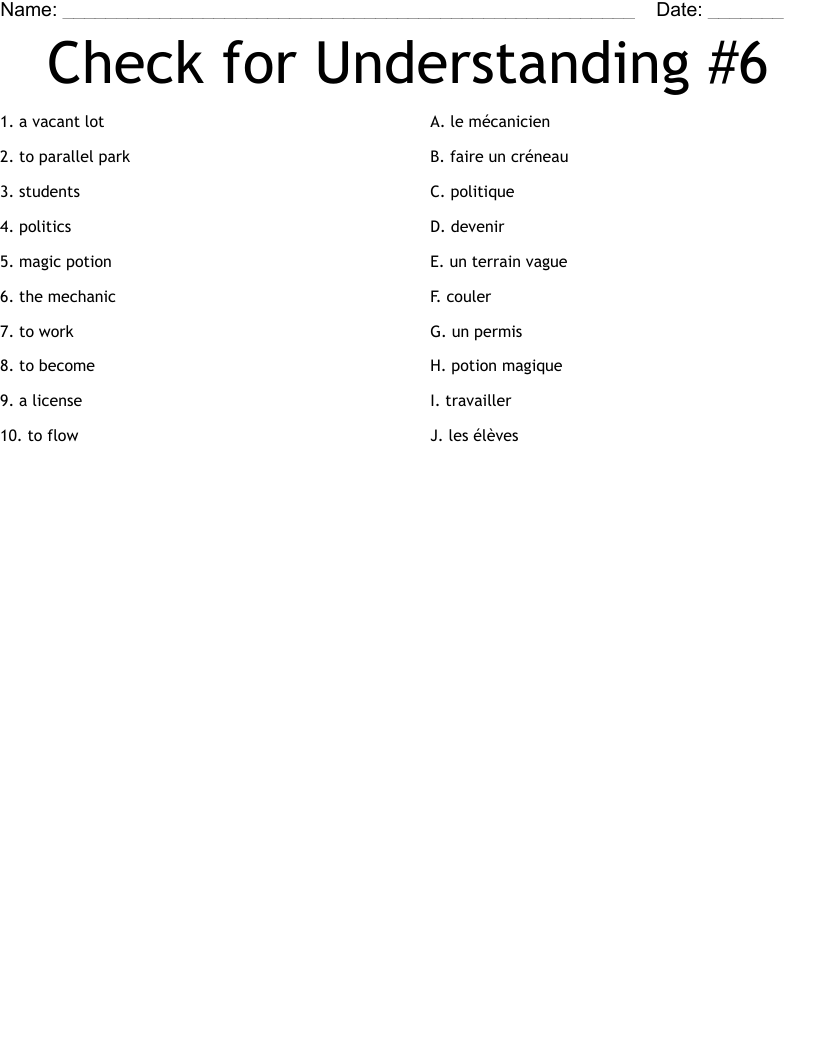 Check for Understanding #6 Worksheet