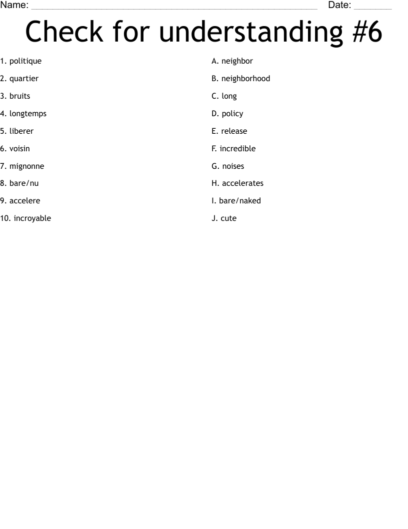 Check for understanding #6 Worksheet