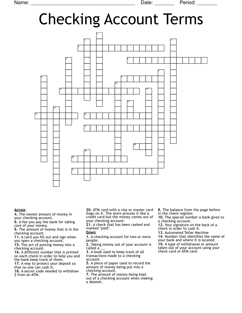 Checking Account Terms Crossword