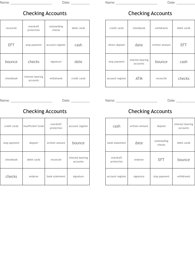 Checking Accounts Bingo Cards